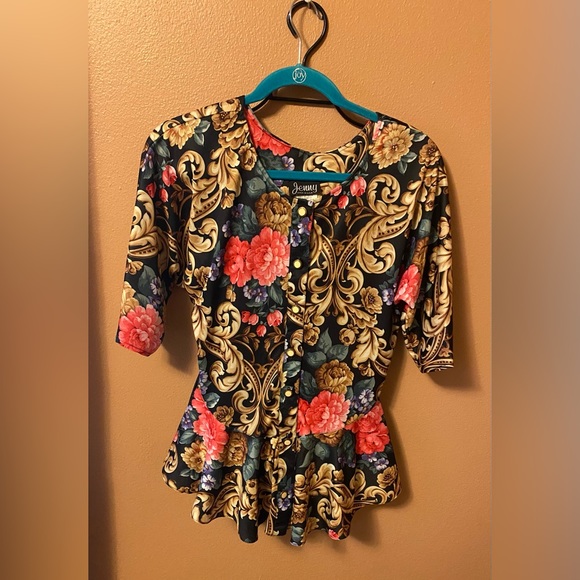 Vintage Jenny floral peplum blouse with pearl buttons and fleur-de-lis’s - Picture 1 of 9